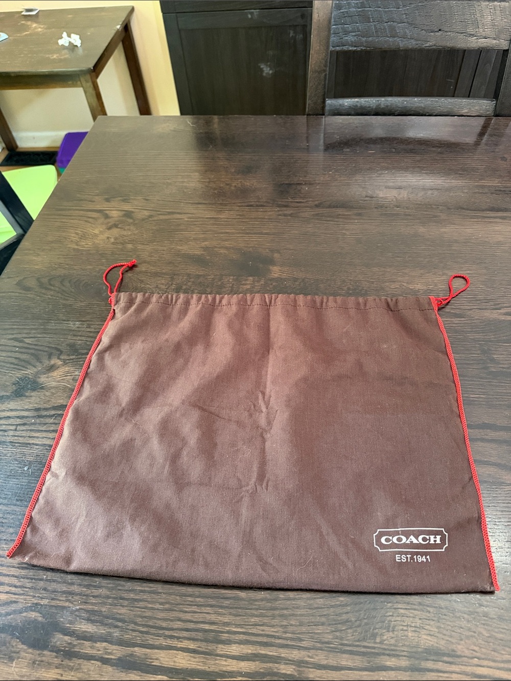 Coach Brown Drawstring Dust Bag with Red Trim